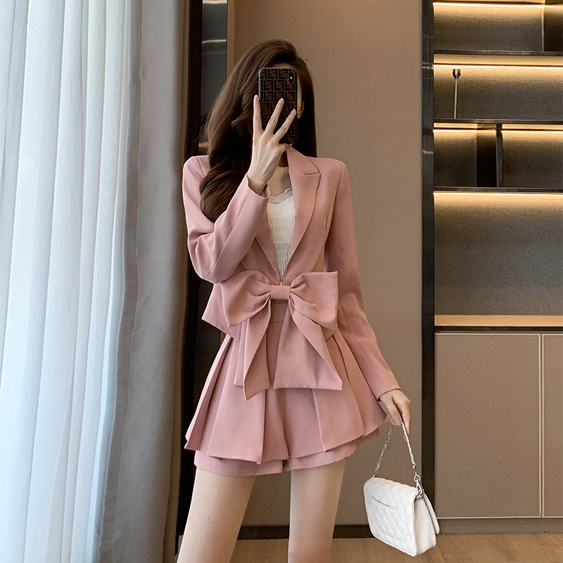小个子粉色西装 洋气别致小西装 女神小众高端设计感韩版 两件套 套装