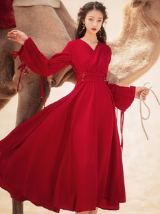 青海湖茶卡盐湖裙子网红沙漠长裙草原拍照红色连衣裙 西北旅游女装