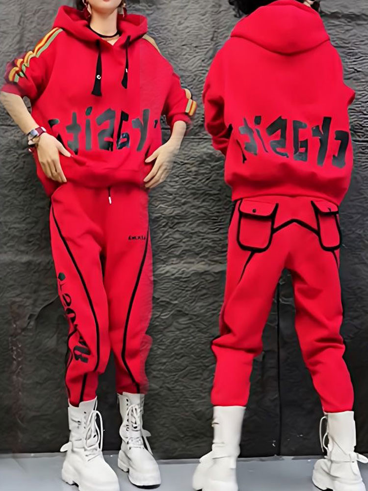 洋气炸街运动服显瘦中国红俩件套 女2023新款 欧货红色休闲运动套装