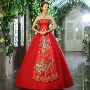 宫廷拖尾 新款 中国风中式 抹胸型 红色婚纱礼服 2022中国传统新款