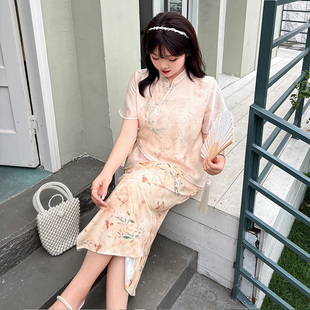 新中式 女装 旗袍套装 大码 夏季 上衣显瘦胖MM半身裙 新款 印花立领短袖