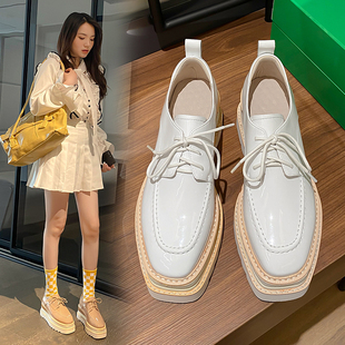 坡跟单鞋 新款 2024韩版 女厚底漆皮系带增高英伦风真皮高跟鞋 松糕鞋