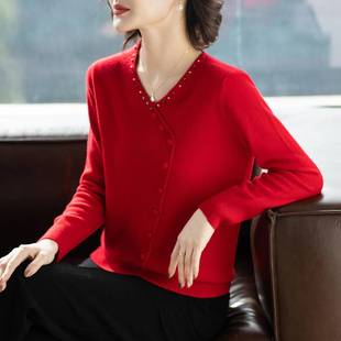 40岁 中老年女秋冬红色内搭针织打底毛衣洋气冬装 妈妈100%纯羊毛衫