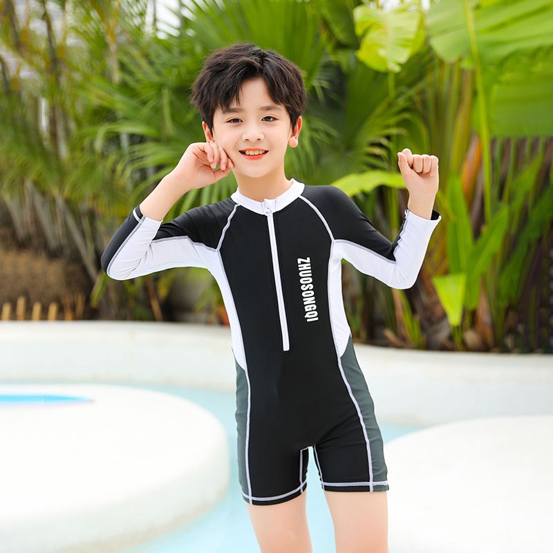 男大童儿童水母服 平角防晒速干男孩游泳装 男童泳衣中大童连体长袖