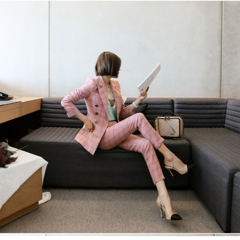 女外套粉色格子修身 春秋新品 两件套 显瘦职业套装 韩国时尚 裤 小西装