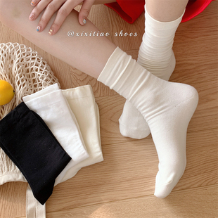 细细条 堆堆袜女夏季 日系黑白色纯色中筒袜子ins潮长筒月子袜 薄款