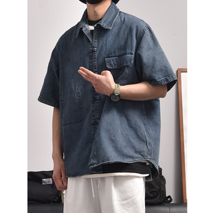牛仔短袖 衬衫 小众设计感盘扣深蓝色衬衣男国风外套潮流 夏天新中式