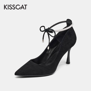 接吻猫春秋新款 尖头水钻一字系带高跟单鞋 女KA21520 CAT KISS