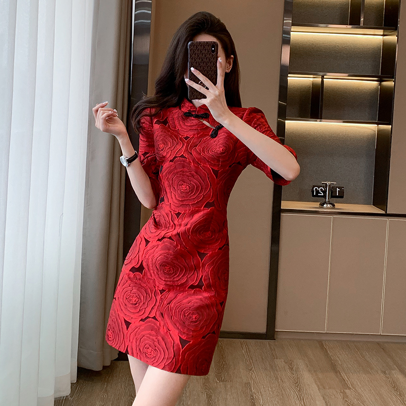 新中式 国风红色提花连衣裙女春季 气质小个子改良旗袍裙子 2024新款