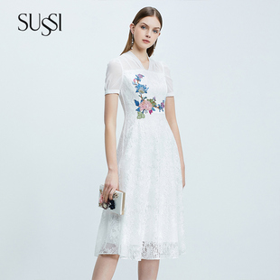 SUSSI古色夏季 刺绣蕾丝连衣裙女高级感中长款 白色轻奢法式 新款