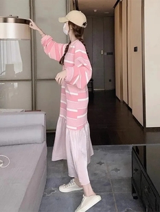 休闲鱼尾拼接裙 新款 爆款 韩版 卫衣连衣裙女秋季 好质量粉色条纹长袖