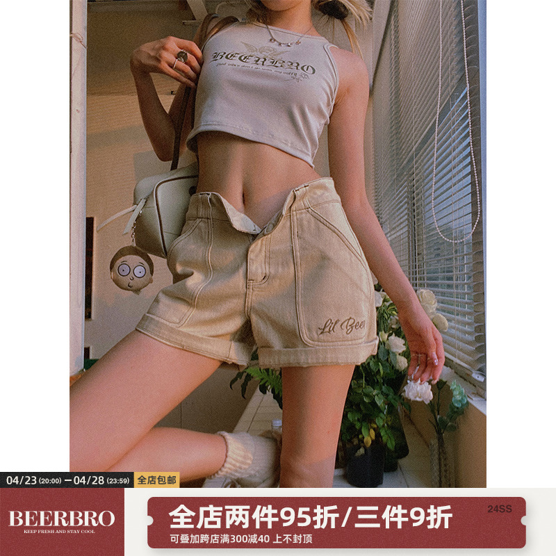 BeerBro美式 高腰a字显瘦阔腿热裤 女夏季 复古设计感明线休闲短裤