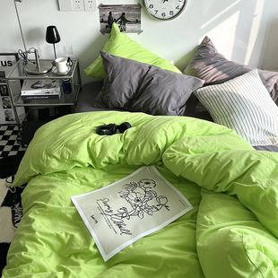 床上被罩 通用被套床单学生宿舍三件套夏季 荧光绿水洗棉四件套四季