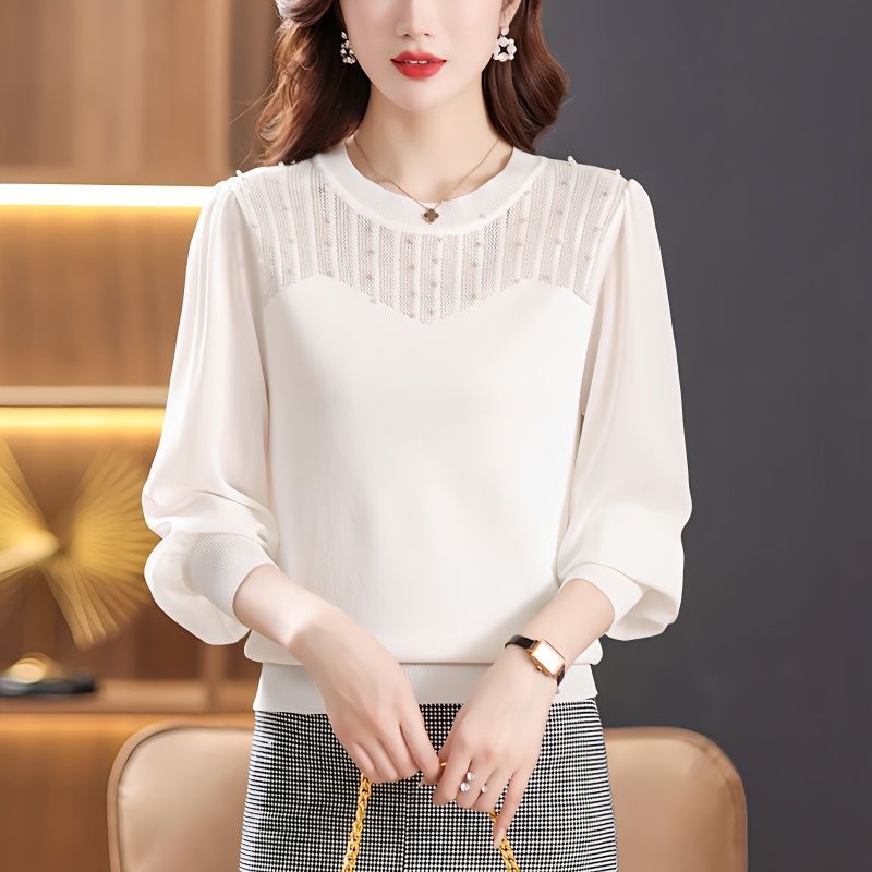 韩版 镂空钉珠针织上衣女小众设计感遮肚子打底衫 长袖 潮 蕾丝雪纺衫