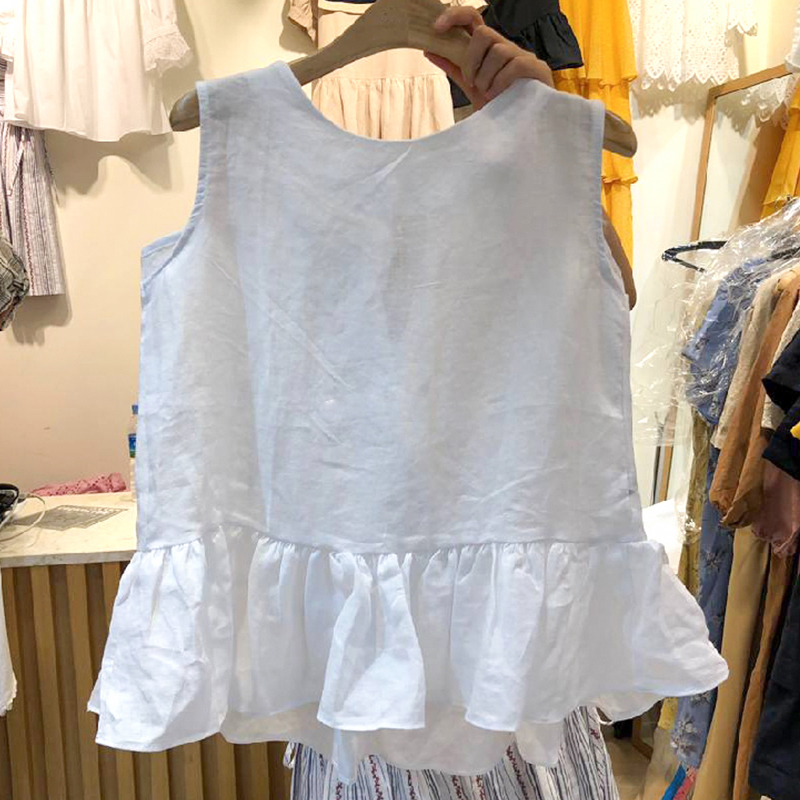 韩国东大门2024夏季 女装 新纯色圆领褶皱荷叶边背心透气甜美体恤衫