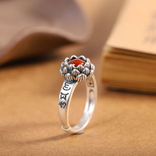复古镶嵌红玛瑙八瓣莲花泰银戒指女士原创设计饰品开口泰银指环
