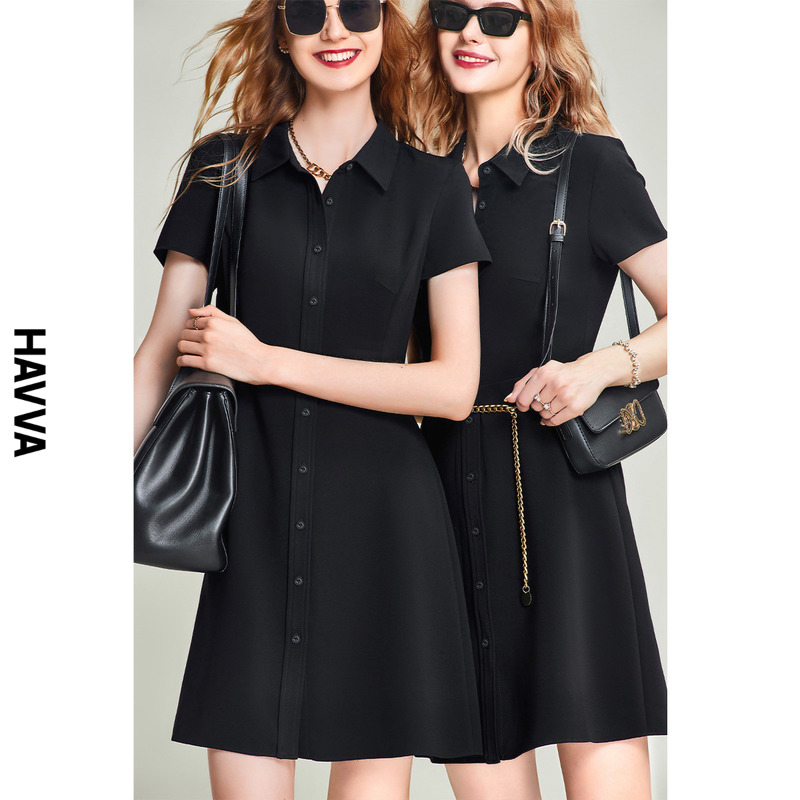 HAVVA2024夏季 黑色衬衫 雪纺裙子Q81560 连衣裙女收腰显瘦气质法式
