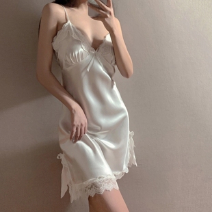 纯欲风小胸冰丝睡裙女2024年夏季 新薄款 高级吊带白色睡衣蕾丝 法式