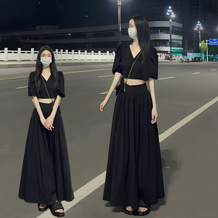 高街显瘦套装 赫本风独特新款 套装 夏季 长裙法式 黑色高级感衬衫 时尚