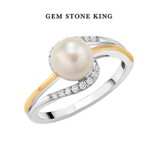 GSK珍珠戒指女925银10K金双色培育钻石情人桥指环送妈妈礼物MOM