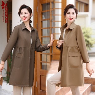 韩版 气质翻领薄外套洋气 秋季 妈妈装 新款 风衣长袖 中长款 中老年女装