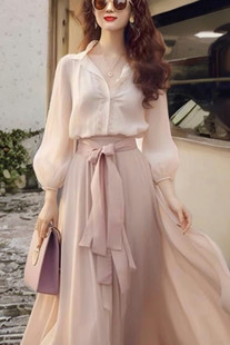 小香风衬衫 秋季 粉色雪纺半身裙子两件套 套装 新款 减龄洋气时尚 女装