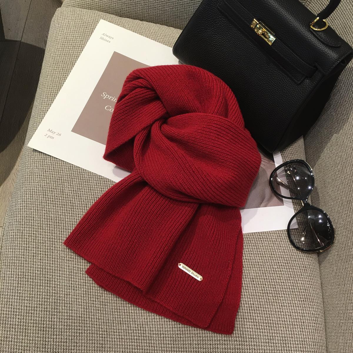 新年红色保暖针织围脖女 百搭澳洲纯羊毛100%羊绒围巾冬季 2023新款