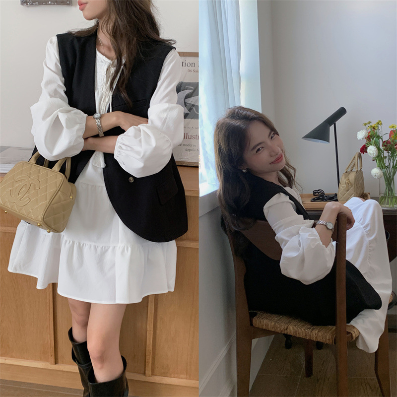 连衣裙韩版 系带长袖 可拆 连衣裙 复古时尚 西装 法式 女装 马甲套装