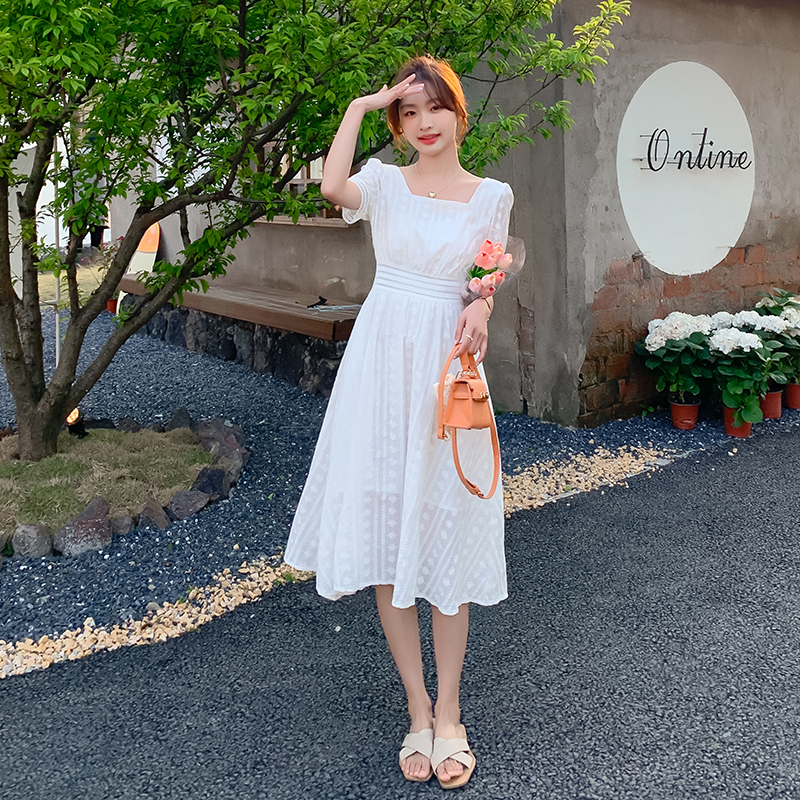 裙子仙女森系超仙方领长裙 高级感法式 白色连衣裙女夏季