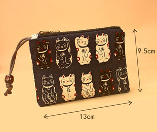 钥匙包女拉链零钱袋卡包 和风达摩福寿猫出口纯棉布艺一体式 日式