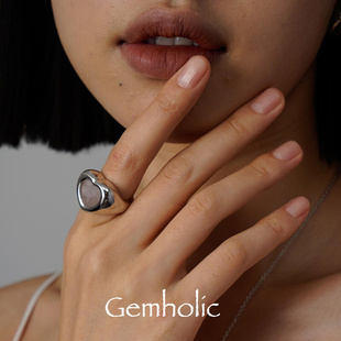 Gemholic天然粉水晶爱心戒指女小众设计纯银镀18K金配饰礼物