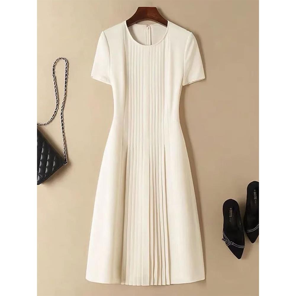 三醋酸白色连衣裙女夏季 2024新款 高级感气质收腰显瘦百褶裙子 法式