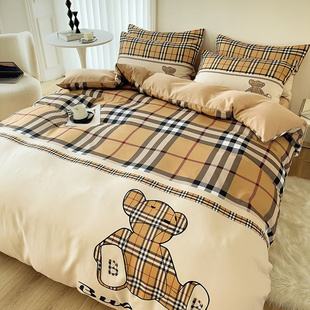 宿舍卡通儿童格子熊 被套床单床笠款 幽柔轻奢感四件套床上用品冬季