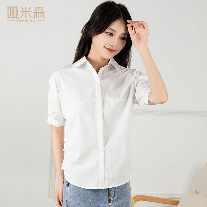 韩版 纯棉短袖 洋气休闲外穿女上衣 新款 衬衫 衬衣宽松设计时尚 女夏季