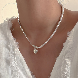 复古碎银子珍珠爱心项链女小众设计感百搭气质颈链锁骨链 法式