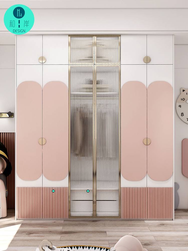 定制儿童实木转角梳妆台衣柜一体组合轻奢玻璃门家用粉色小户型衣