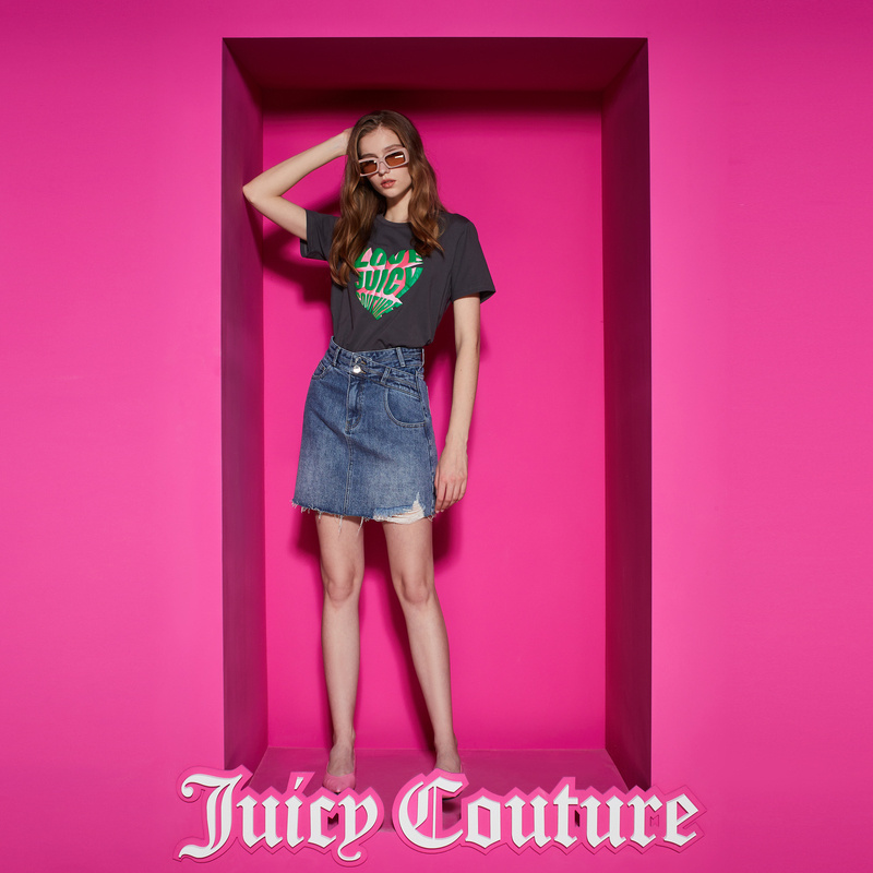 Juicy Couture橘滋上衣新款 T恤 圆领爱3D撞色心型印花女短袖