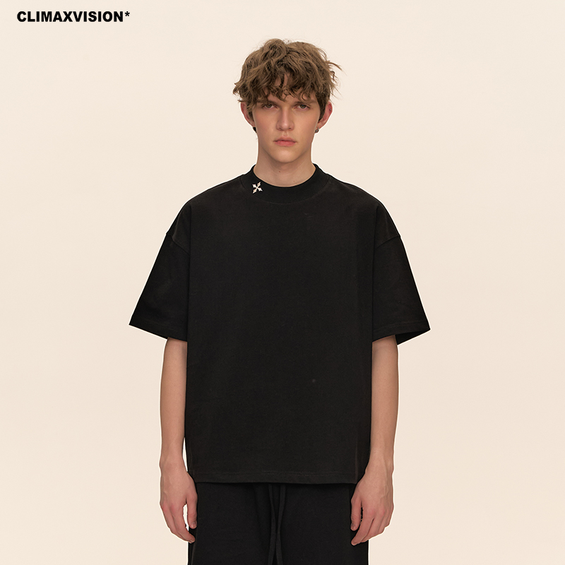 CLIMAX VISION330克纯棉重磅小高领十字架刺绣短款 潮 廓形T恤短袖