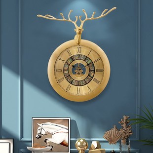 艺术时钟挂表 饰摆钟创意时尚 挂钟客厅黄铜鹿头钟表纯铜现代轻奢装