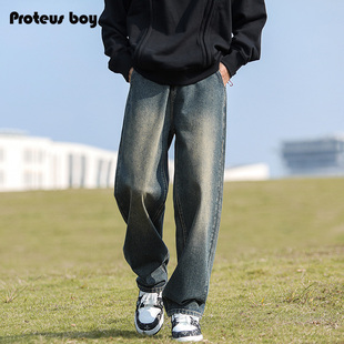 子 夏季 春秋复古男士 做旧宽松直筒休闲运动裤 男款 ProteusBoy牛仔裤
