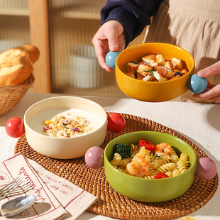 舍里撞色圆球陶瓷双耳碗家用高颜值水果沙拉碗烤箱烘焙专用焗饭碗