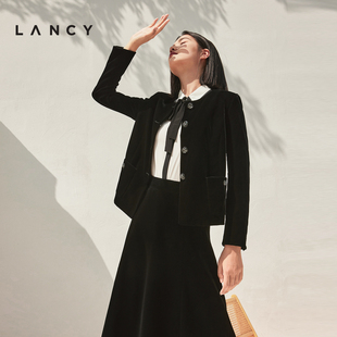 LANCY 新款 2023秋季 黑色丝绒短外套女士气质通勤圆领夹克 朗姿女装