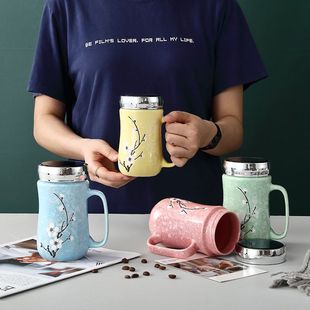 创意陶瓷马克杯带盖勺简约家用情侣喝水杯咖啡牛奶杯大容量办公杯