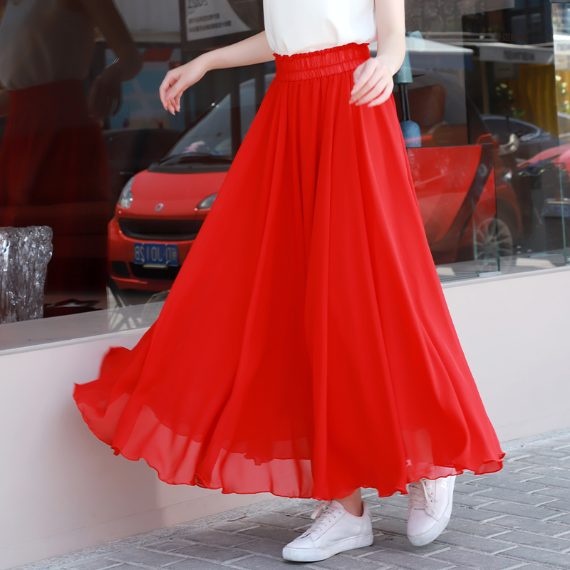红色半身裙小个子半裙仙女广场舞下半身长裙舞蹈裙 雪纺裙子女夏季