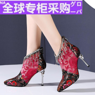 日本新款 绣花网纱凉靴细跟包头中国风女鞋 女夏季 古风真皮高跟凉鞋