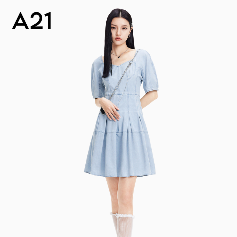 A21女装 方领灯笼短袖 新款 显瘦a字裙 复古牛仔短连衣裙夏季