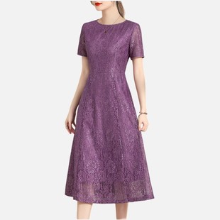 紫色显瘦连衣裙女 新款 修身 蕾丝裙优雅百搭中长款 专柜朗姿夏季 代购