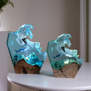 饰鲸鱼水母办公室桌面艺术海洋冲浪实木树脂夜灯摆件礼品 家居装