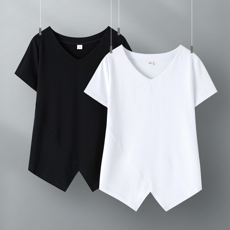 白色v领上衣女夏季 不规则下摆小众设计感气质洋气体恤短款 t恤 短袖