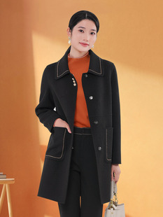 K&CH纤牌女装 韩版 秋冬新款 宽松小个子外套 黑色双面呢大衣中长款